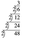 The image shows the division of 2 into 24 to get the quotient 48. This division is represented using a division bracket with 2 on the outside left of the bracket, 48 inside the bracket and 24 above the 48, outside the bracket. Another division bracket is written around the 24 with a 2 on the outside left of the bracket and a 12 above the 24, outside of the bracket. Another division bracket is written around the 12 with a 2 on the outside left of the bracket and a 6 above the 12, outside of the bracket. Another division bracket is written around the 6 with a 2 on the outside left of the bracket and a 3 above the 6, outside of the bracket.