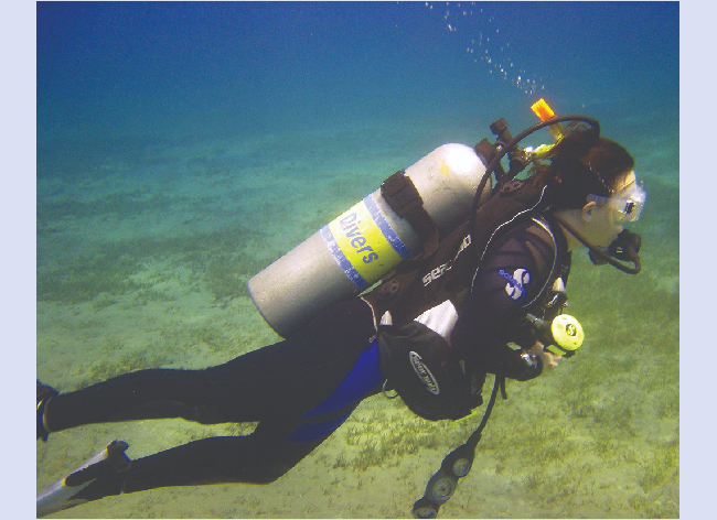 Figure shows that Scuba divers use compressed air to breathe while underwater. (credit: modification of work by Mark Goodchild)