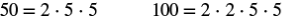 The image shows the prime factorization of 50 written as the equation 50 equals 2 times 5 times 5 on the left and the prime factorization of 100 written as the equation 100 equals 2 times 2 times 5 times 5 on the right.