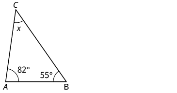 A triangle is labeled with vertices A, B, and C. Angle A is 82 degrees, Angle B is 55 degrees, and the measure of angle C is given as x.