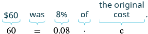 Equation: sixty equals 0.08 multiplied by c