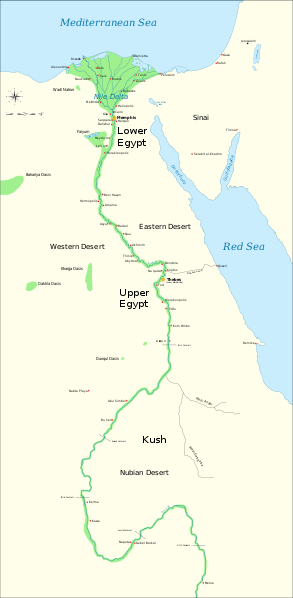 A map of ancient Egypt labeling regions along the Nile River