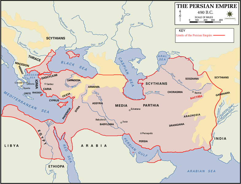 Map of the Persian Empire territories under Darius I spreading from Egypt to India