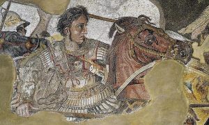 A Roman mosaic depicting Alexander the Great in battle on a horse