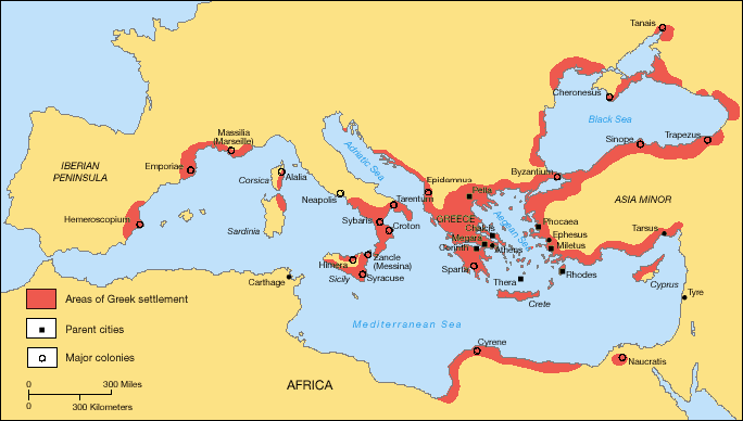 Map of Greek colonies along the coast of the Mediterranean sea, Aegean sea, and Black sea