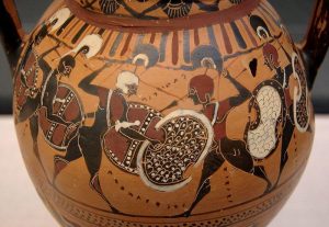 Picture of a greek vase depicting combat between rival poleis.
