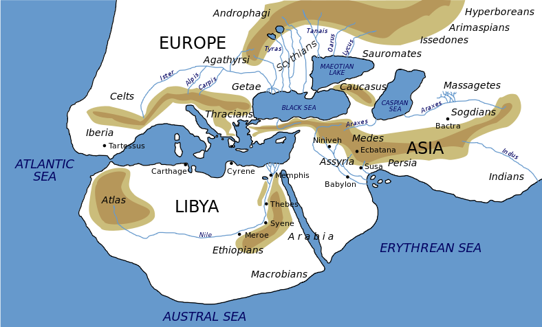 Map of the world according to Herodotus. The Mediterranean sea is at the center surrounded by North Africa, Europe, and Western Asia