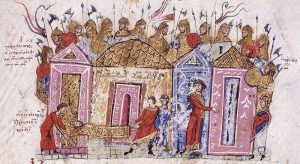 drawing of warriors behind buildings with three people in the front