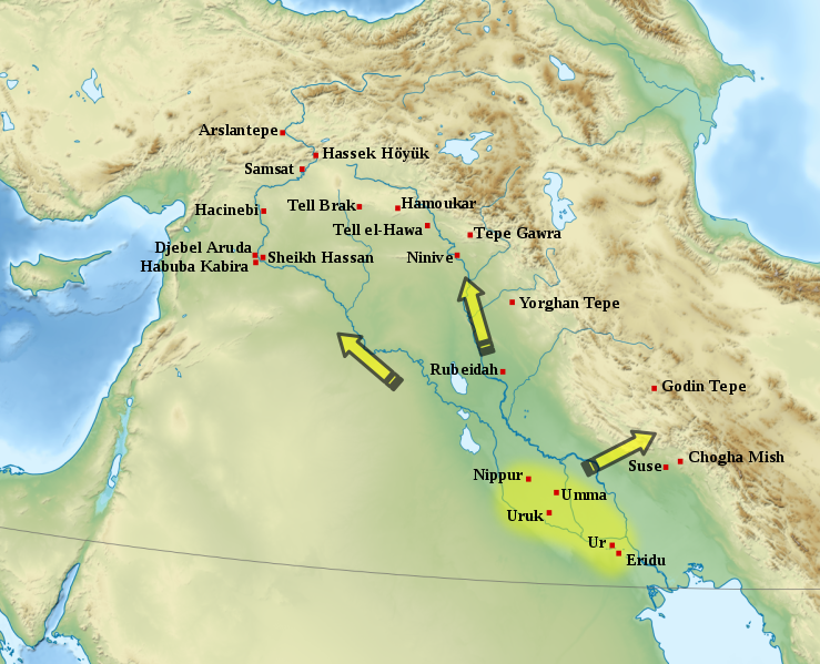 Map depicting the Urukean expansion of Sumerian culture across Mesopotamia.
