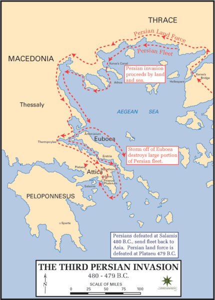 Map of the Route of the Persian invasion under Xerxes around the coast of the Aegean Sea.