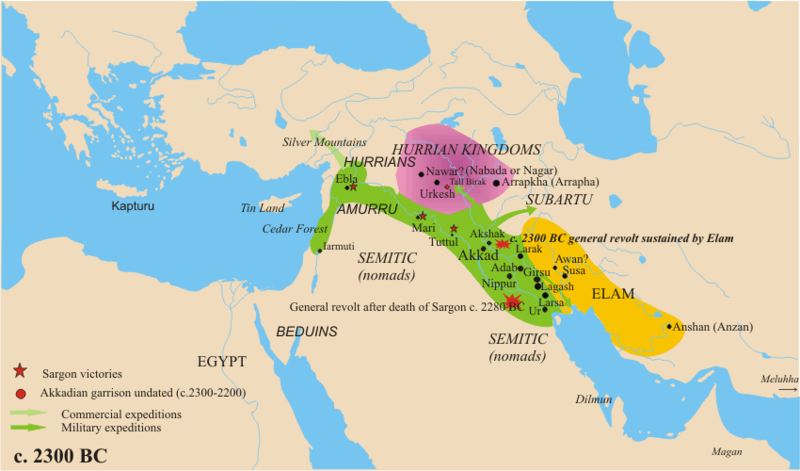 Map depicting the expansion of Sargon's empire starting in Akkad and expanding outwards