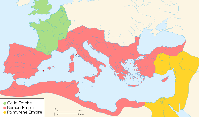 Map of Gallic empire in western Europe, roman empire surrounding the Mediterranean and Palmyrene empire on the eastern coast of the Mediterranean sea.