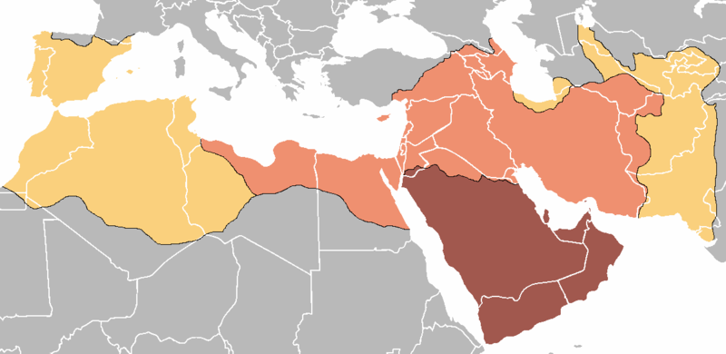 Map of the the Mediterranean area showing arab conquests