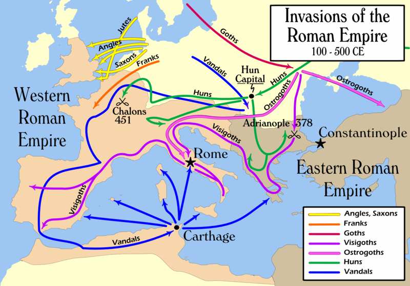Map of major invasions of the roman empire by the vandals primarily from the south, the Visigoths and Ostrogoths primarily from the north, the Huns from the north east, and the Franks, Angles, Jutes, and Saxons from northwestern Europe.