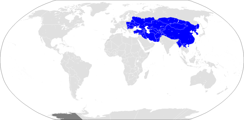 World map depicting the Mongol empire in blue.