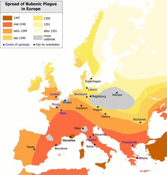 Map of the spread of the black death and its impact.