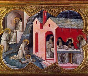 A painting depicting activities of christian religious life like prayer and baptism. An example of gothic-style art.