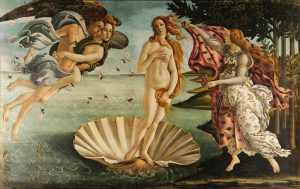A nude woman stands on a large shell. To the left of her, the greek gods of the winds blow to move her shell closer to land. To the right, a woman greets her with a cloak covered in flowers.