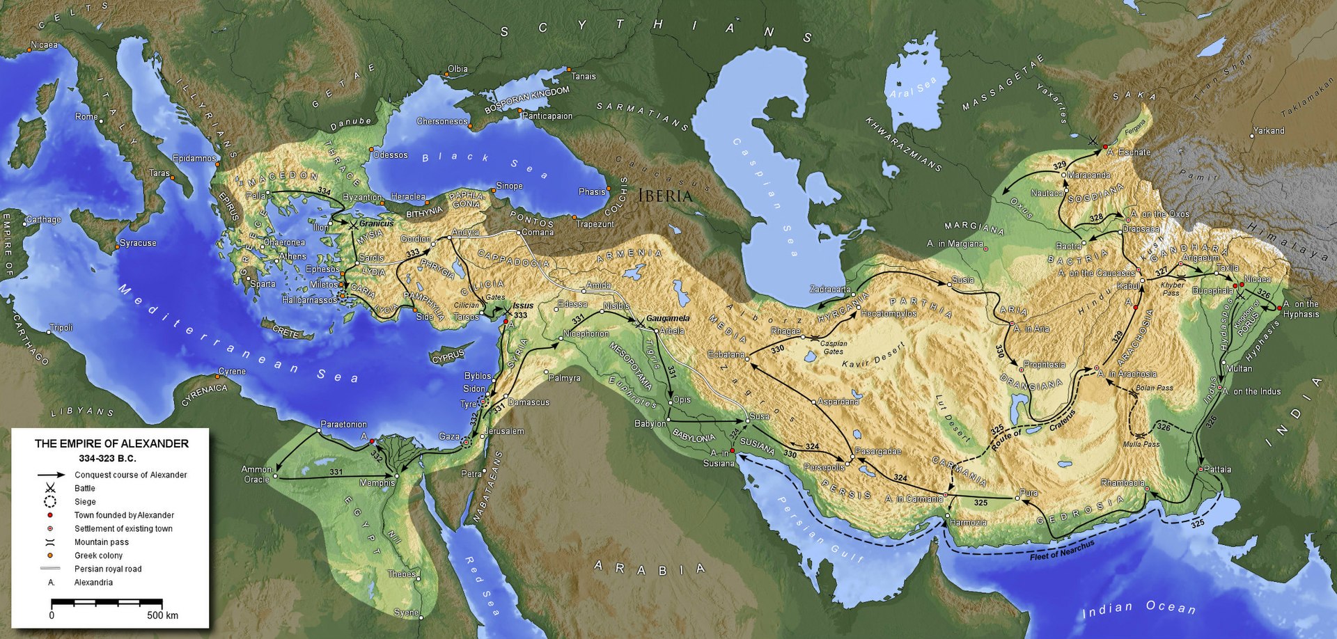 Map of Alexander the Great's conquests from Egypt to India