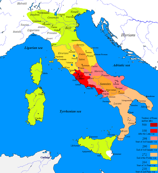 Map of the expansion of the Roman Empire starting in Rome and growing across Italy.