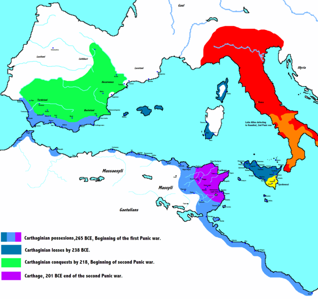 Map of the change in the Carthaginian empire over the course of the Punic Wars.