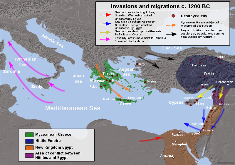 Map of bronze age invasions and migrations c 1200 BCE.