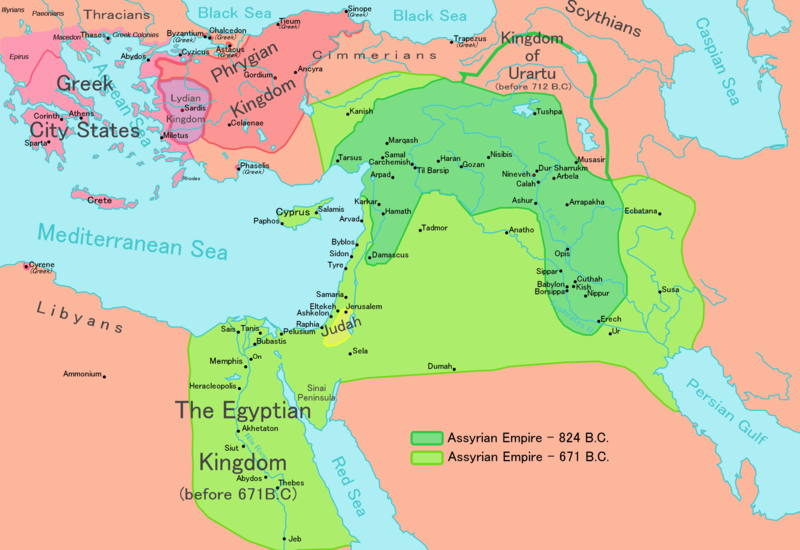 Map of the Assyrian empire circa 824 BCE in dark green and the expanded empire c. 671 BCE in light green