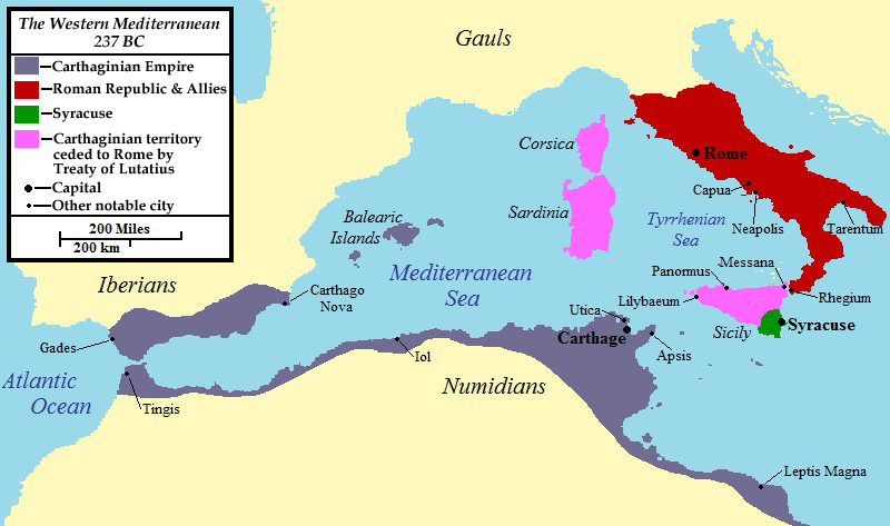 A Map of Carthagenian and Roman territories c. 237 BCE.