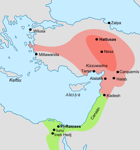 Map of Hittite Empire in pink and part of the Egyptian empire in green.