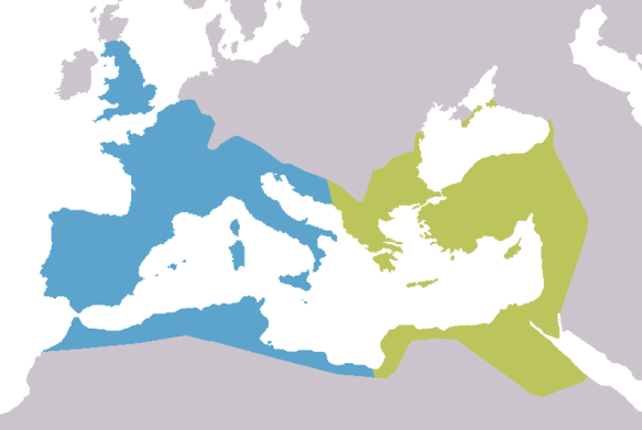 Map of the mediterranean region showing the division of the eastern and western roman empire. The western empire is shown in blue and the eastern empire is shown in green.