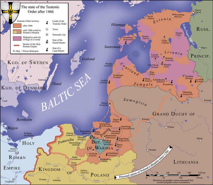 Map of the Teutonic states in Western Europe on the south eastern side of the Baltic Sea