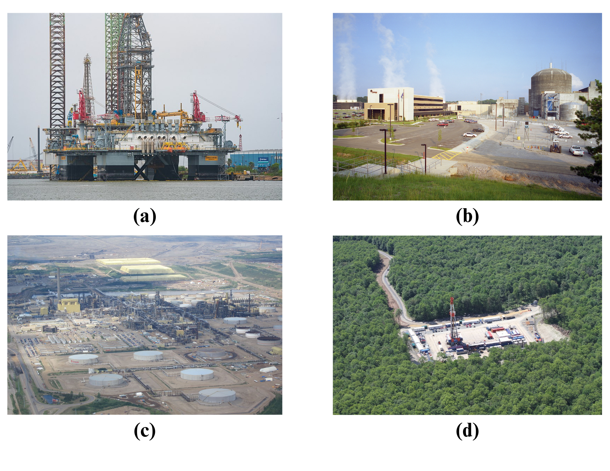 This image shows four pictures. Part A shows an offshore semi-submersible oil drilling rig in the Port of Galveston, Texas, in the Gulf of Mexico. Part B shows the nuclear power plant, River Bend Station, Unit 1, near St. Francisville, Louisiana. Part C shows the Syncrude Mildred Lake Plant in Fort McMurray, Alberta Canada. This plant uses tar sands, soil, and wood debris to produce oil. Part D shows an unconventional shale gas well in Tioga County, Pennsylvania.
