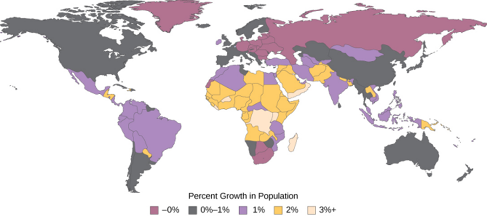 This color-coded map shows the percent growth in population globally. The legend shows the corresponding percents and colors.
