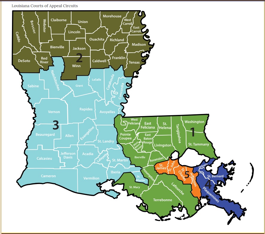 A picture of the state of Louisiana depicting the different Court of Appeal Circuits.