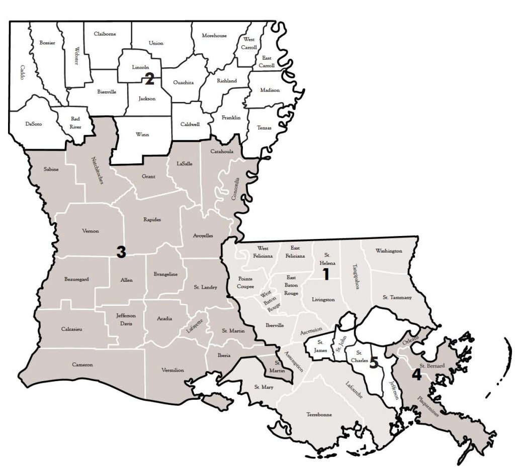 A picture of the state of Louisiana depicting the different Court of Appeal Circuits.
