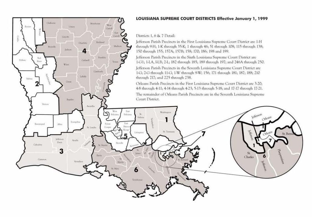 A map showing the seven Supreme Court Districts in Louisiana.