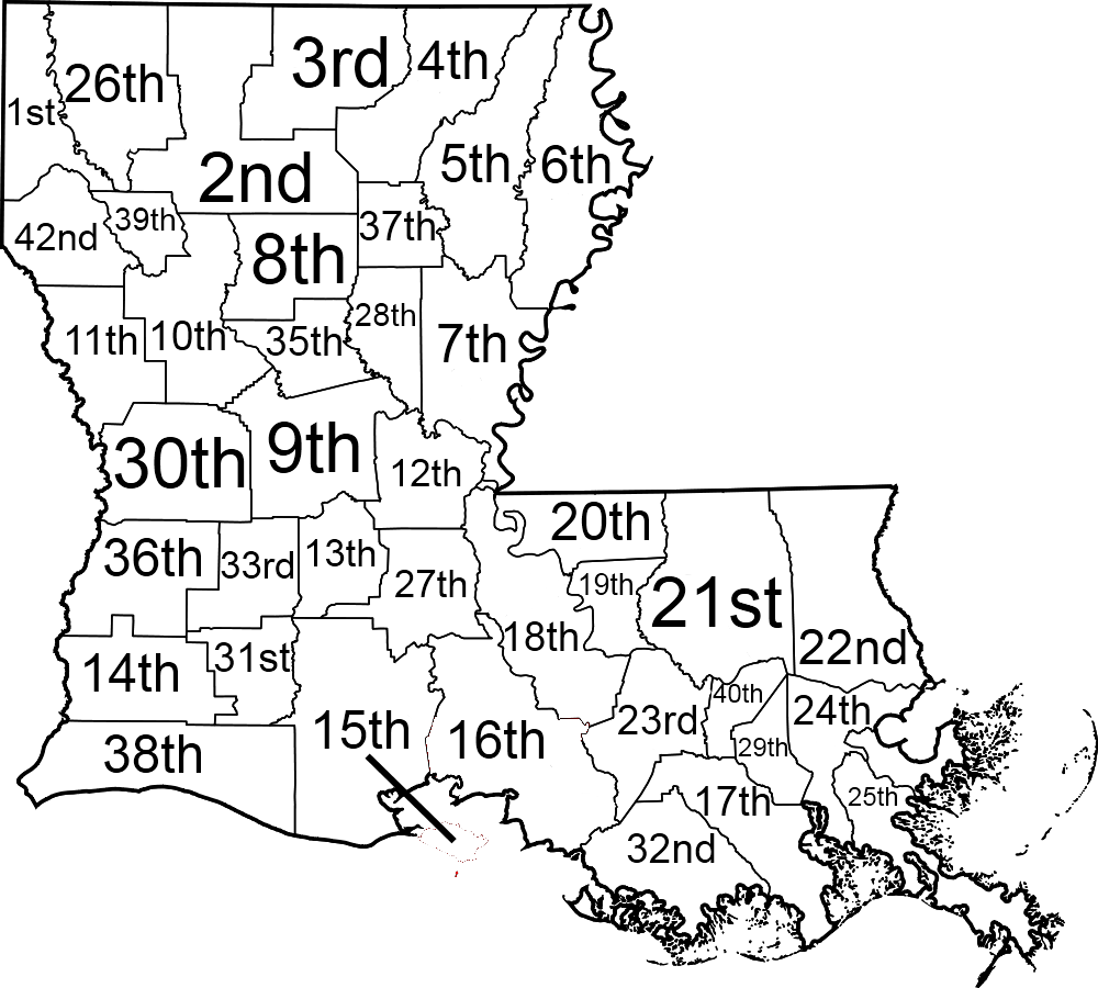 A picture of the state of Louisiana depicting the different district court jurisdictions.