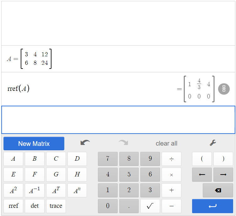 This is a screenshot of matrix A and the reduced row echelon form of A in the Desmos matrix calculator.