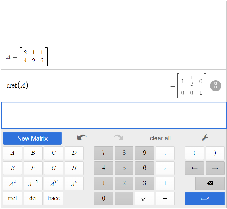 This is a screenshot of matrix A and the reduced row echelon form of A in the Desmos matrix calculator.