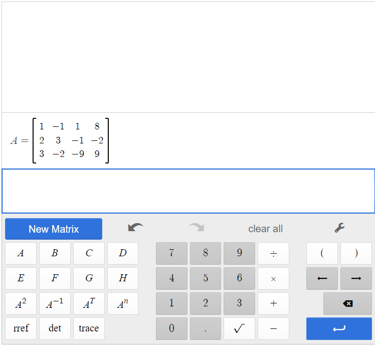 This is a screenshot of matrix A in the Desmos matrix calculator.