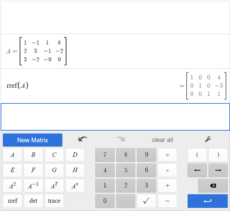 This is a screenshot of matrix A and the reduced row echelon form of matrix A in the Desmos matrix calculator.