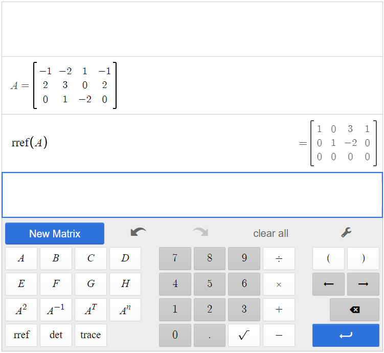 This is a screenshot of matrix A and the reduced row echelon form of A in the Desmos matrix calculator.