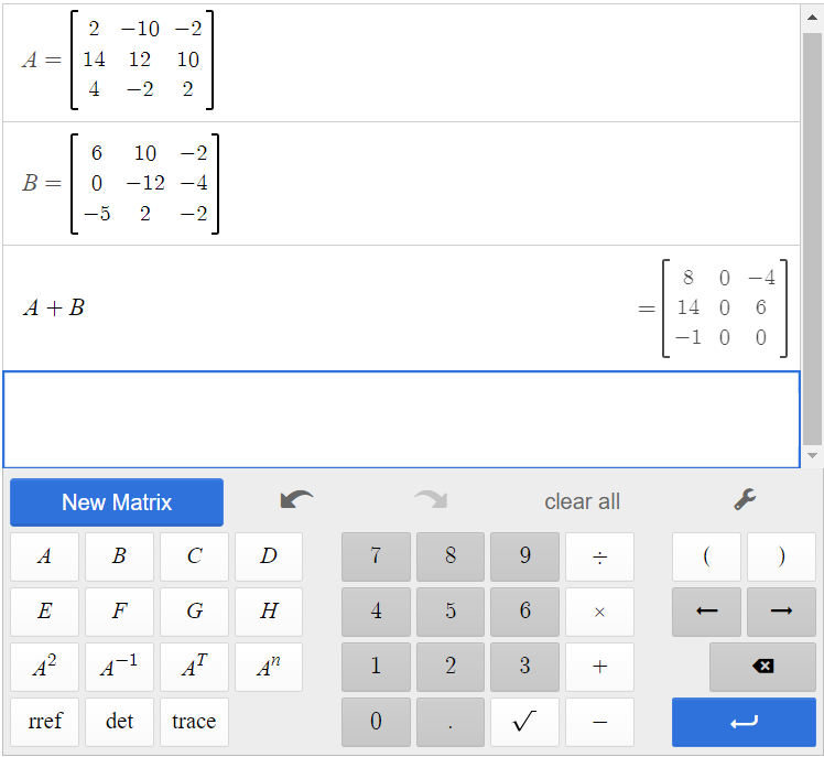 This is a screenshot of matrix A, matrix B, and the sum of A and B in the Desmos matrix calculator.