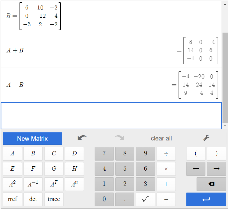 This is a screenshot of matrix B, the sum of matrices A and B, and the difference of matrices A and B in the Desmos matrix calculator.