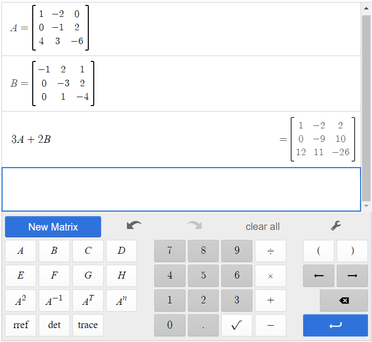 This is a screenshot of matrix A, matrix B, and the sum of 3A and 2B in the Desmos matrix calculator.