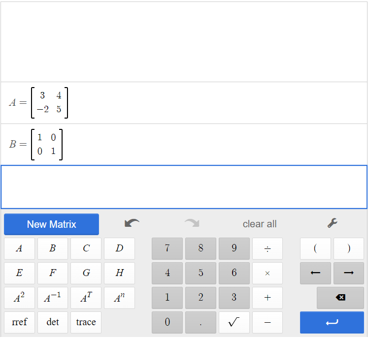 This is a screenshot of matrix A and matrix B in the Desmos matrix calculator.