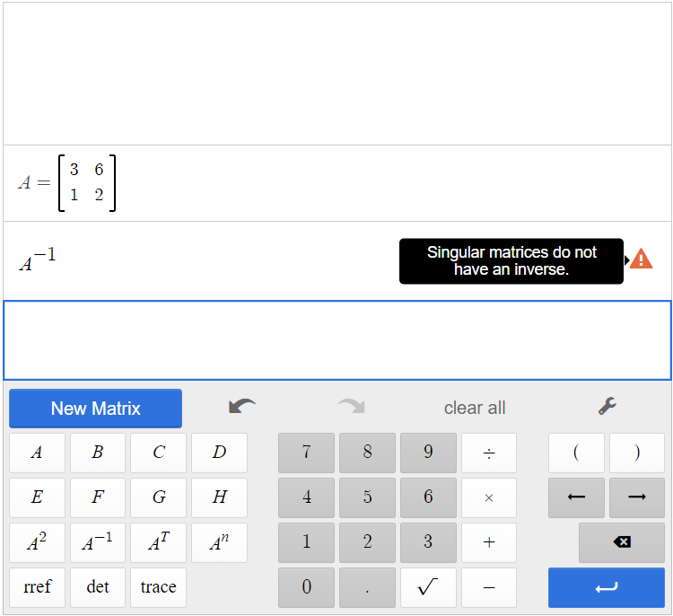 This is a screenshot of matrix A and the inverse of A in the Desmos matrix calculator. Matrix A does not have an inverse.