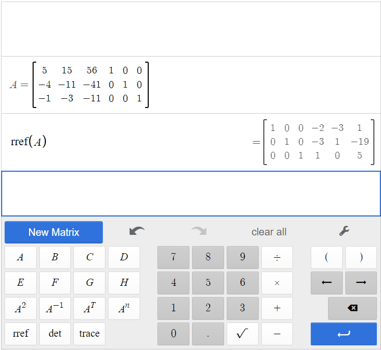 This is a screenshot of matrix A and the reduced row echelon form of A in the Desmos matrix calculator.