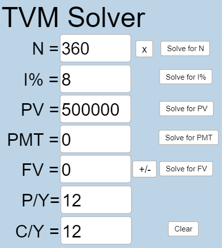 This is a photo of the TVM Solver application from Geogebra. In this problem, N=360, I%=8, PV=500000, PMT=0, FV=0, P/Y=12, and C/Y=12.