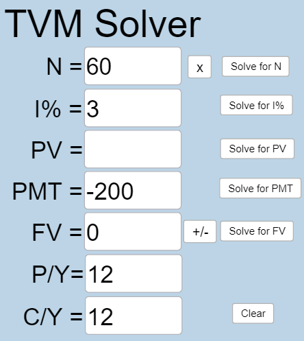 This is a photo of the TVM Solver application from Geogebra. In this problem, N=60, I%=3, PV is blank, PMT=-200, FV=0, P/Y=12, and C/Y=12.